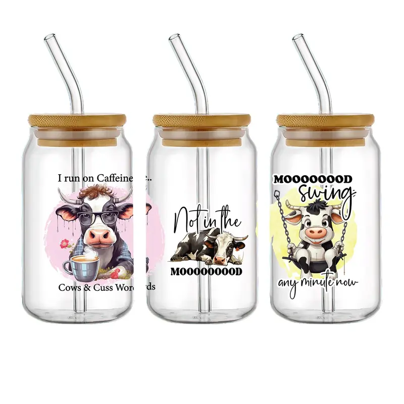 Cow Pattern UV DTF Cup Wraps Transfer Sticker, 4 Counts/set Waterproof Crystal Sticker for Cup Bottle, DIY Scratch Resistant Transfer Decals for Gift 4
