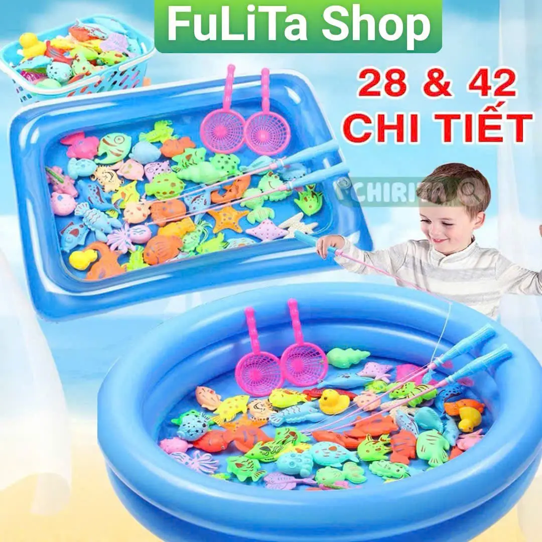 Bộ đồ chơi câu cá cho bé 27 và 42 chi tiết có gắn nam châm, bao gồm cần câu nhựa, bể, vợt...