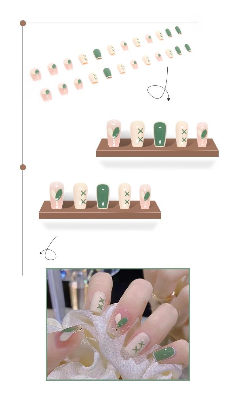 Product Introduction of Mid-Length Ballet Nail Ice Transparent Pink Creamy Green Color Matching Nail Sticker Wear Nail Wholesale Finished Product 24 Pieces Nails 35