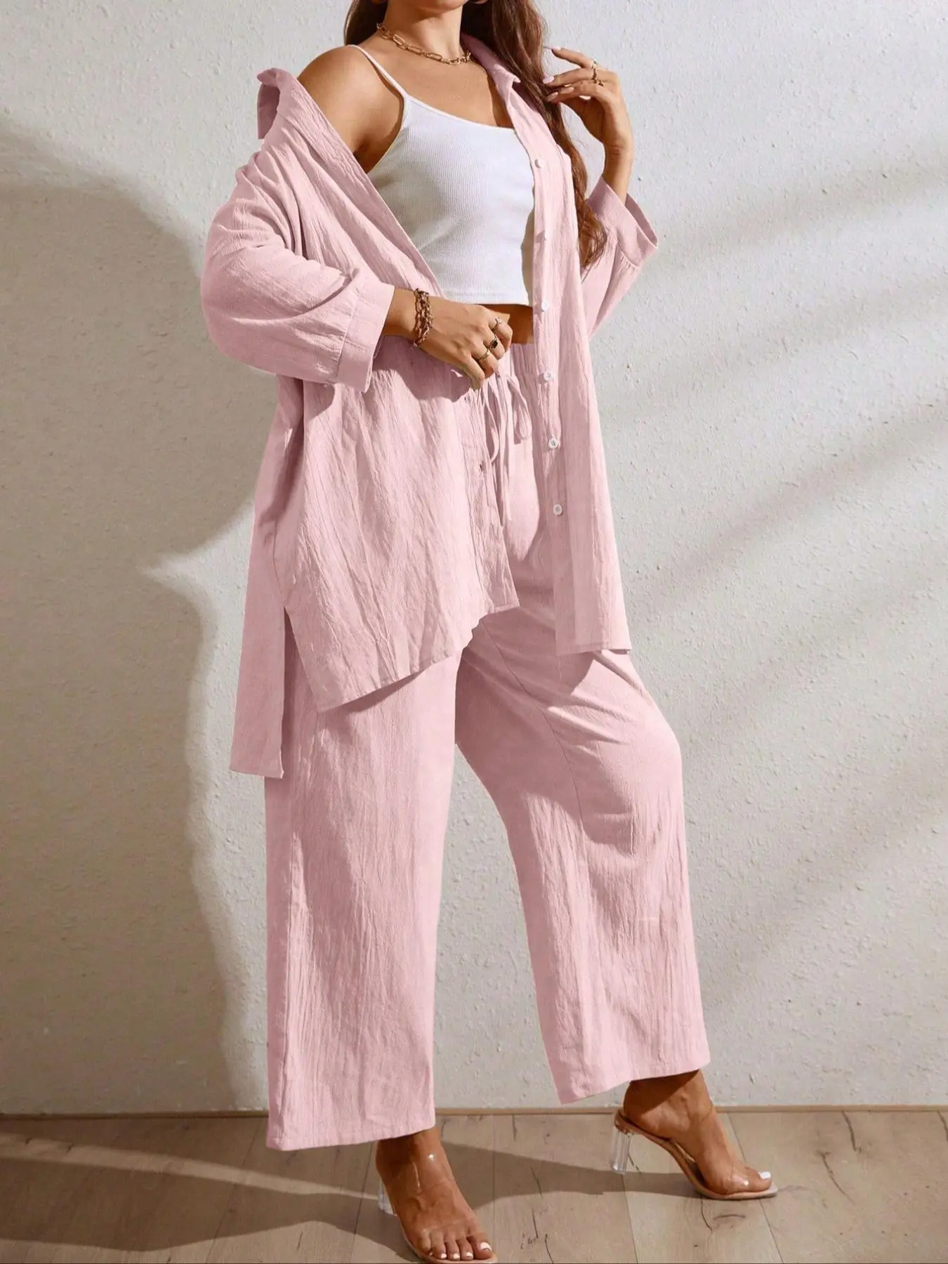 Women's Solid Button Front Pocket Pants Set, 2 Counts Casual Drop Shoulder Blouse & Tie Front Wide Leg Trousers, Ladies Lounge Clothes for Daily Wear