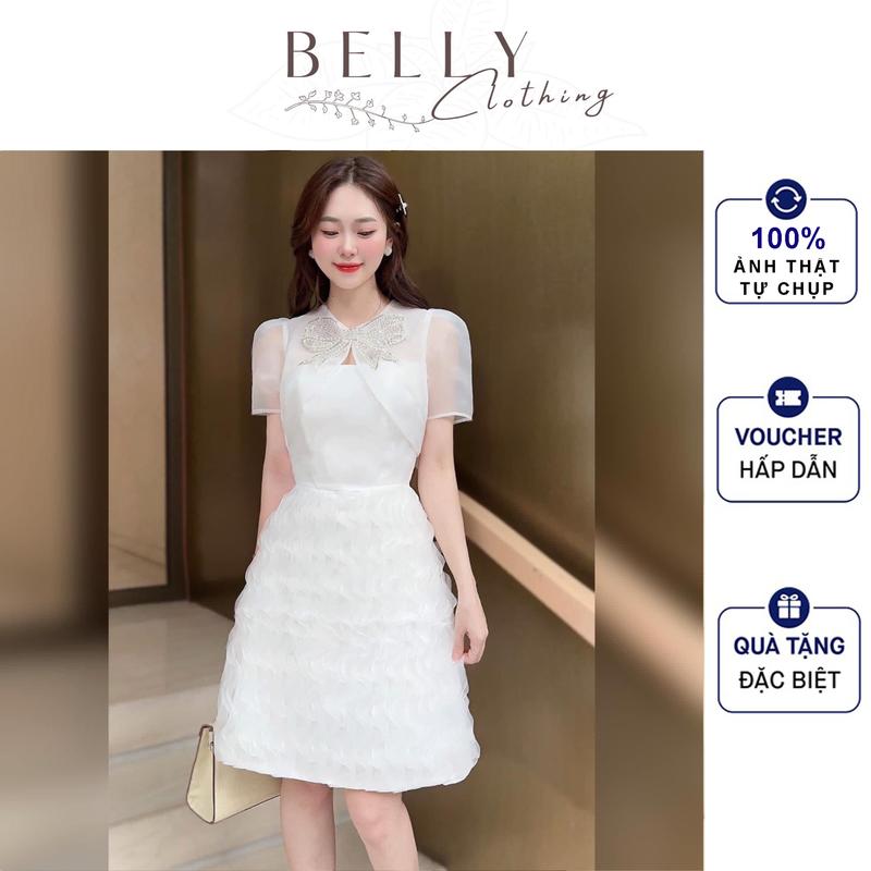 M43 - Váy Tafta Vân Lưới Trắng Phối Cổ Tơ Gam Màu Trắng Váy Dress Thiết Kế Cao Cấp Tặng Kèm Tag Nơ by Belly Clothing Nữ Women váy đầm ngắn Gam Màu trắng đi tiệc