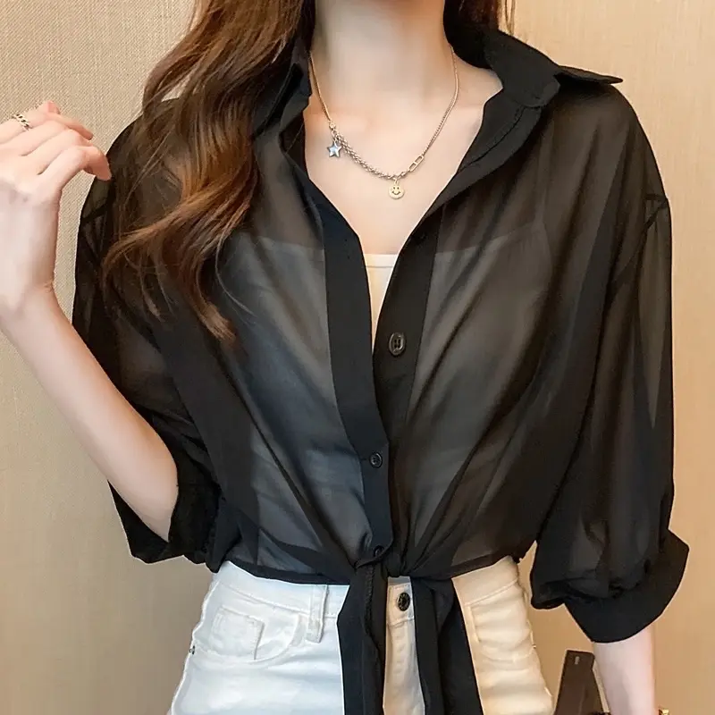 Set áo sơ mi voan cột tay dài mix 2 dây trơn