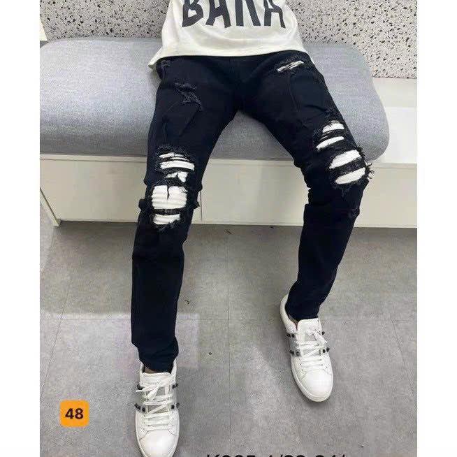 Quần jean nam màu đen rách gối vá da, miếng vá may chắc chắn vải bò co giãn ts48