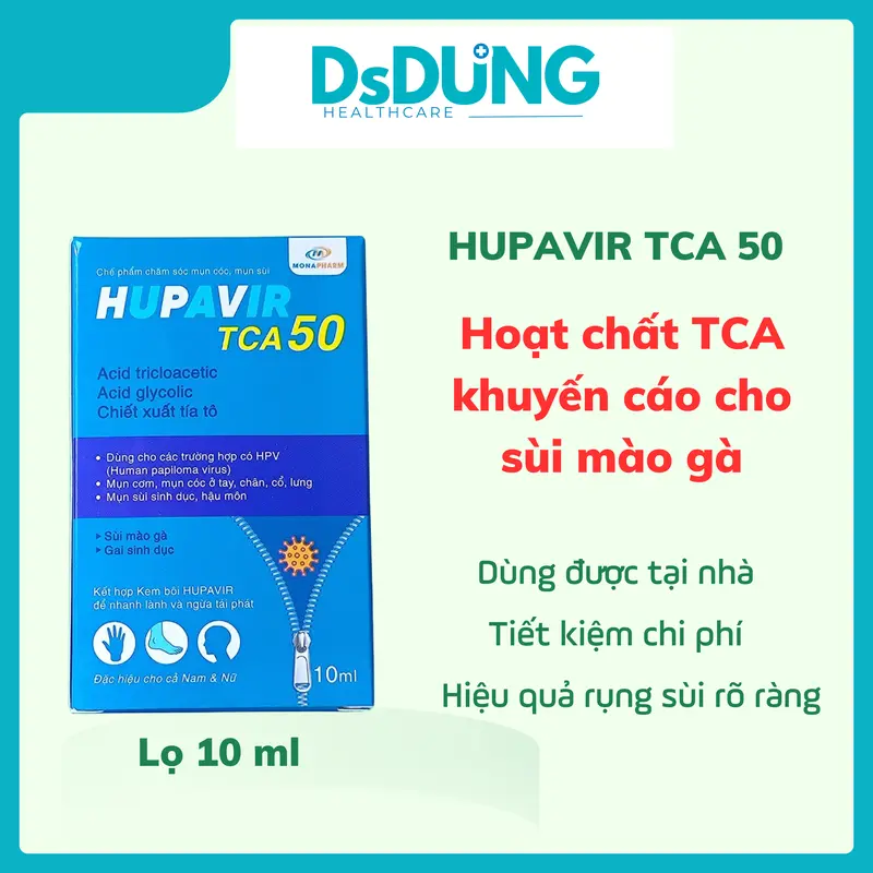 [Che tên] Hupavir TCA 50-Monapharm-bổ sung acid tricloacetic, acid glycolic,chiết xuất tía tô,trà xanh-Hỗ trợ đào thải HPV, làm rụng, giảm sùi mào gà, mụn cóc cả nam và nữ-lọ 10ml 2