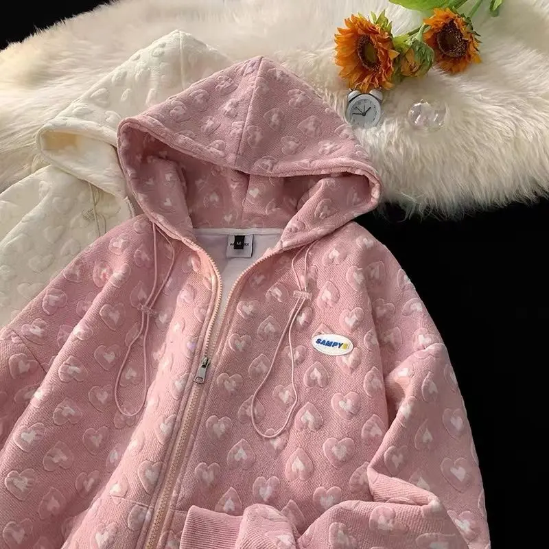 Áo Hoodie Tình Yêu Cho Nữ, Phong Cách Hàn Quốc, Ngoại Cỡ, Thiết Kế Đơn Giản Và Rộng Rãi, Có Khóa Kéo