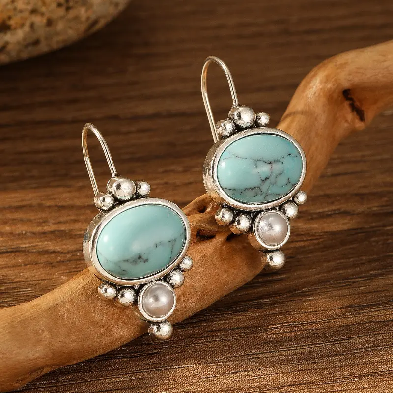 1pair Vintage Turquoise Women's Dangle Drop Earrings Elegant Pearl Jewelry Suitable for Holiday Commemorative Gifts To Friends 1