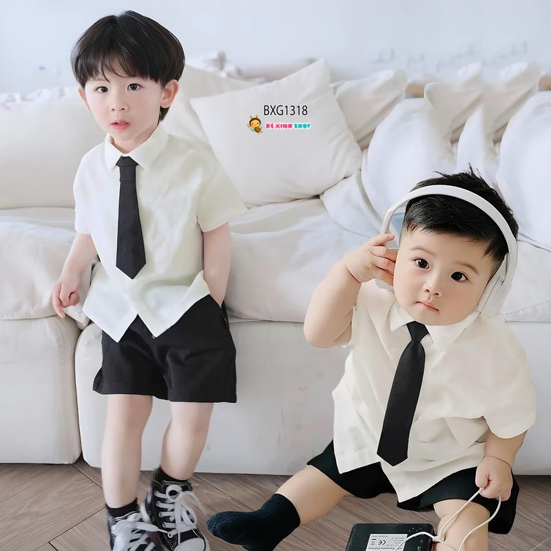 BexinhshopVN Set áo sơ mi kèm cà vạt quần sort kaki cho bé trai đi chơi Lễ Tết BXG1318