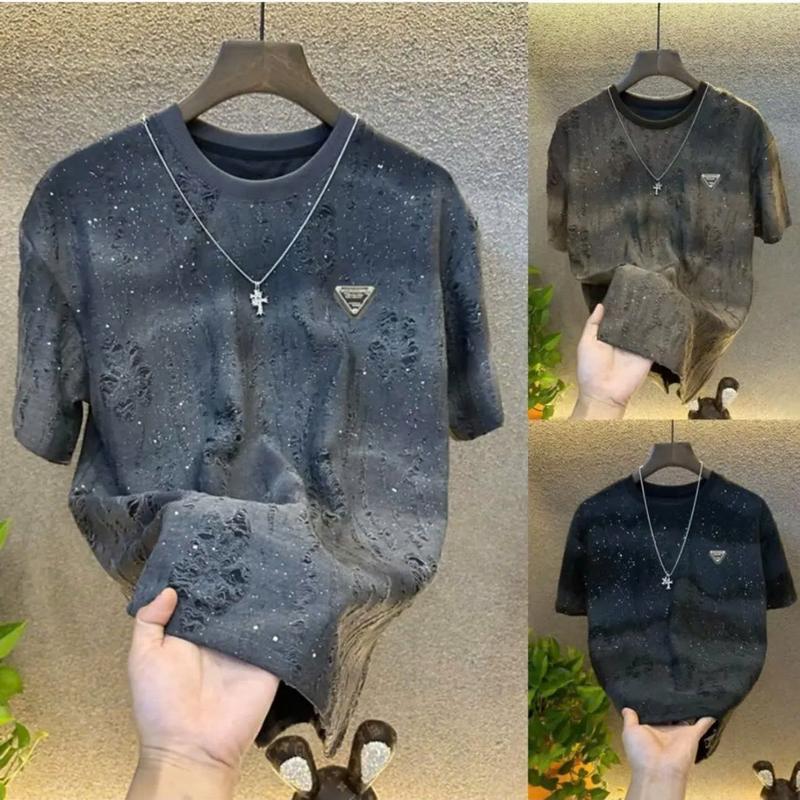 Áo Cộc tay Nam Nữ phong cách Đường phố rách Đính Đá thể thao