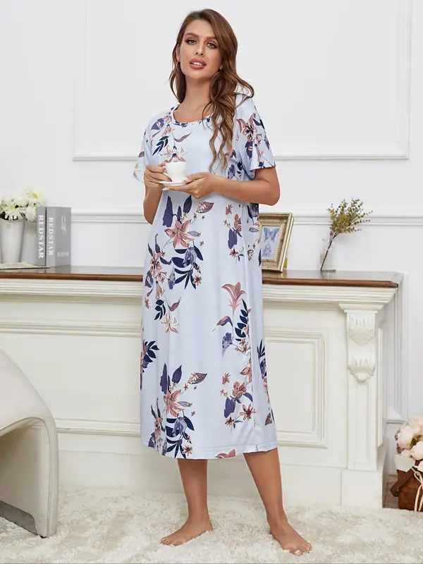 Women's Floral Print Round Neck Nightdress PJ, Casual Soft Comfy Short Sleeve Nightgown Nighties, Summer Clothes Women, Women's Pyjama Dress for Summer Daily Wear, Shortsleeve Women's Sleepwear 3