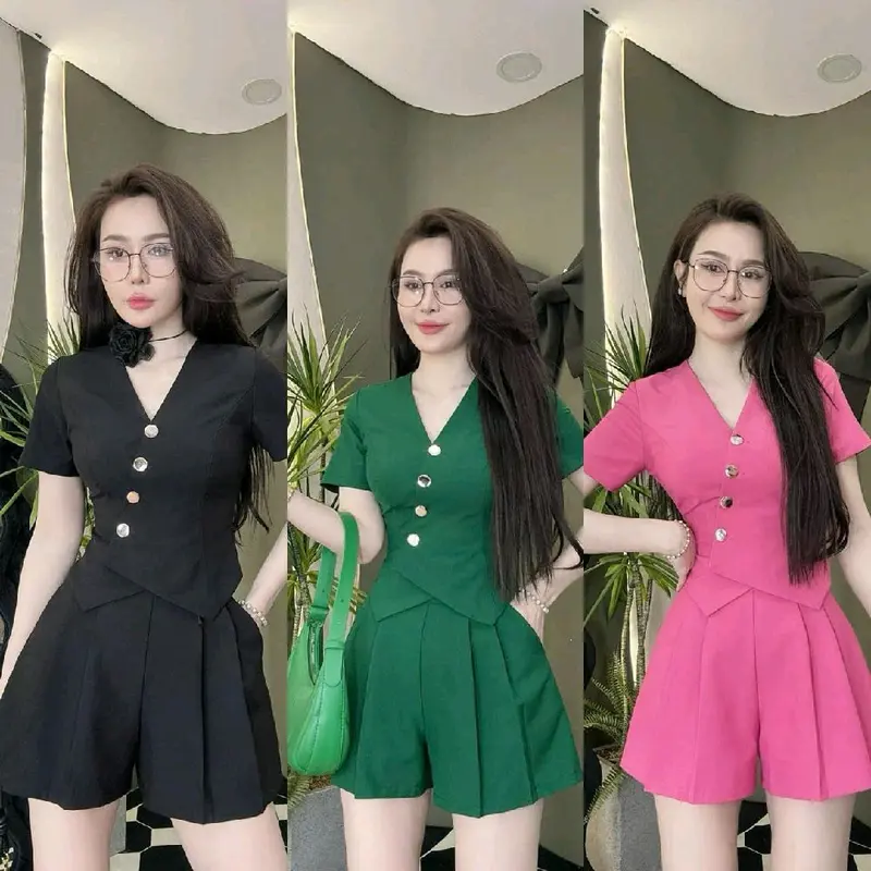 Sét Áo Ghile Quần Short Xếp Li Có Túi 2 Bên Dây Kéo Bên Hông freesize Nữ Top 4