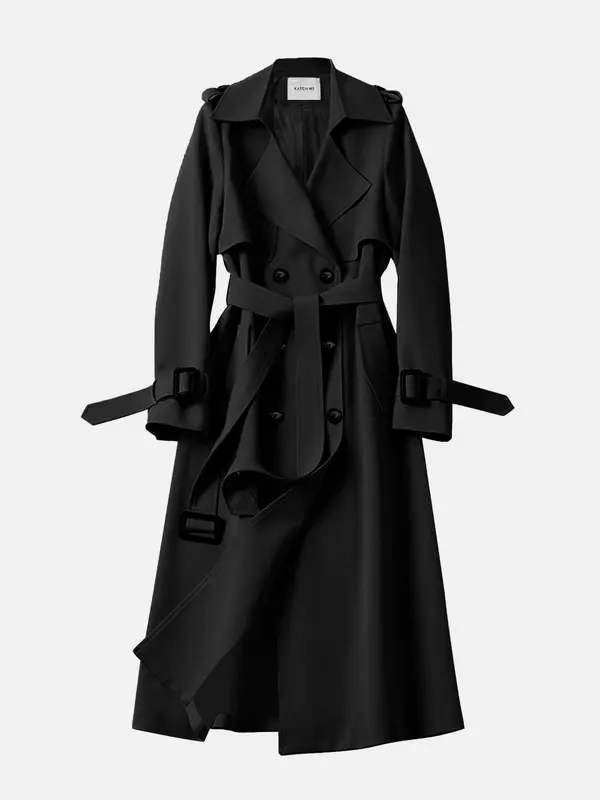 Women's Solid Double Button Belted Trench Coat, Elegant Lapel Neck Long Sleeve Coat for Fall & Winter, Women's Clothing for Daily Wear, Clothing for Women, Going Out Tops 2