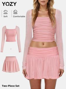 YOZY Women's Solid Ruched Sheer Top & Skirt Two-piece Set, Y2K Fashion Casual Long Sleeve Top & Skirt for Daily Outdoor Wear, Women's Clothing for Spring & Fall