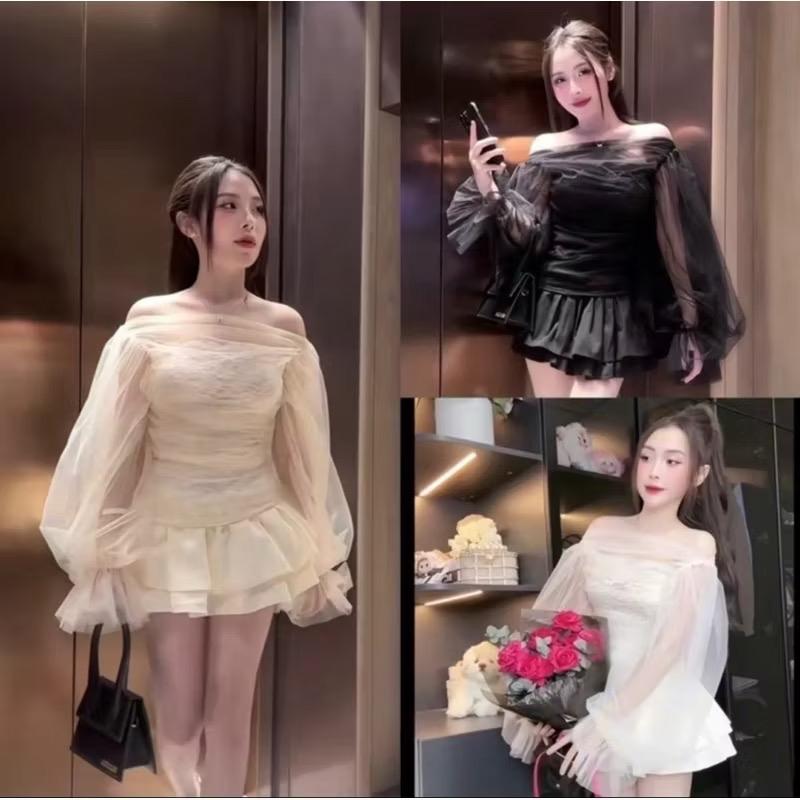 SÉT Áo Ren Lưới Trễ Vai Tay dài Tiểu Thư Chân váy 3 Tầng xoè Tôn dáng Thảo cherry stone Sen Voi Women Nữ Top Quần Nhung Lịch
