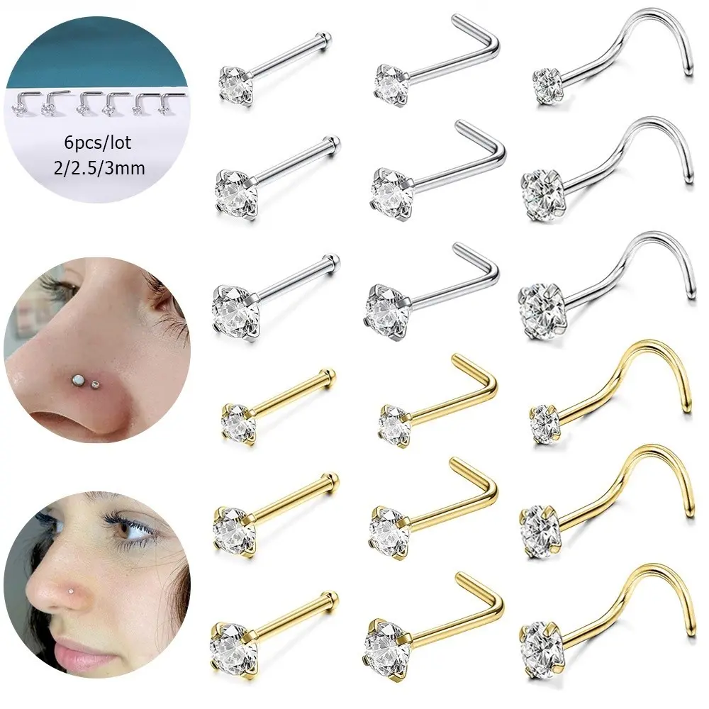 3-12Pcs/lot Stainless Steel Nose Piercing Set Star Heart Crystal Nose Studs L-Shape Nose Stud Nostril Piercing Body Jewelry