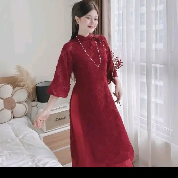 Áo Dài Lông Vũ Hoa Nổi - Dài Cổ Tay, Phối Quần Lụa ( có chun) 3