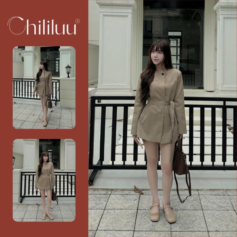 Áo vest nữ Chililuu áo kaki form rộng dáng dài giấu quần thắt đai phong cách Hàn Quốc sang chảnh