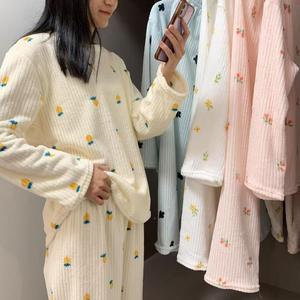 ブランド Coral Fleece Warm Set for Women  いカートゥーン  パンツ ラウンドネック ホームウェアセット for Women コールドフリース かいセット に