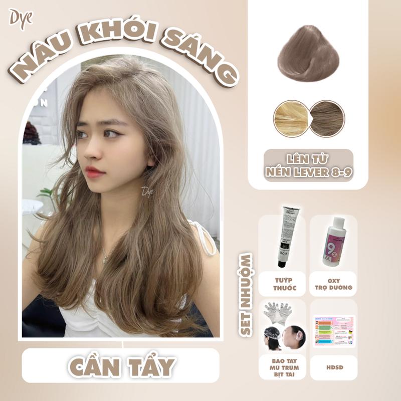 Thuốc nhuộm tóc màu Nâu Khói Sáng, cần tẩy, tặng kèm oxy trợ dưỡng và bao tay Bền màu Không mùi Không chứa silicon Đổi Màu Tóc