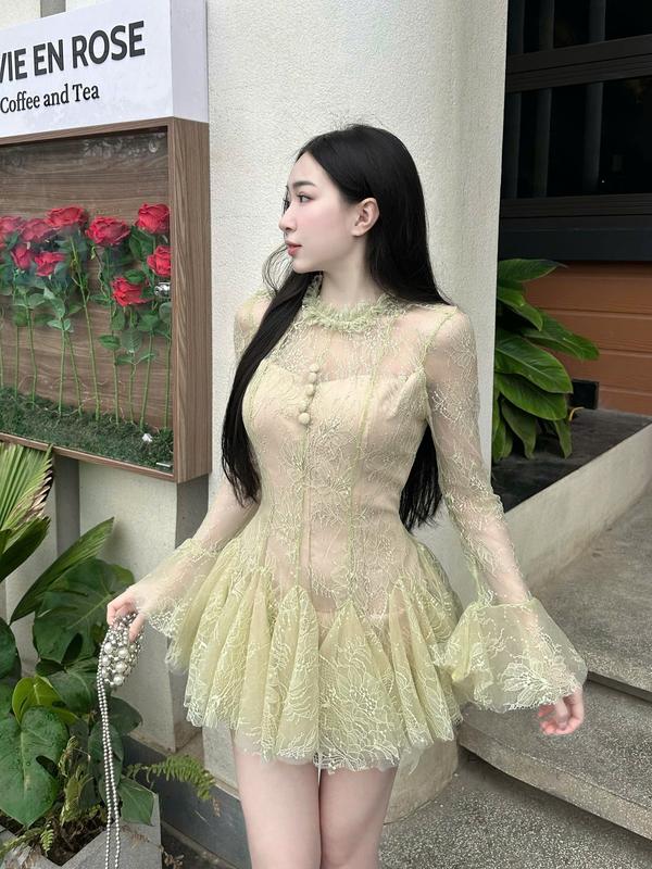 [CÓ SẴN] Váy ren tay loe dáng xoè bồng đính kim sa thời trang nữ Women Dress TGS05 5