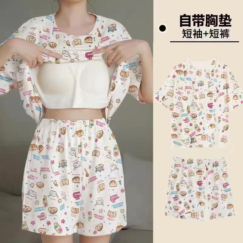 Product Introduction of Pajamas Women's Summer Short Oversleeves Sweet with Chest Pad Korean Cartoon Student Casual Homewear Loose plus Size Summer 39