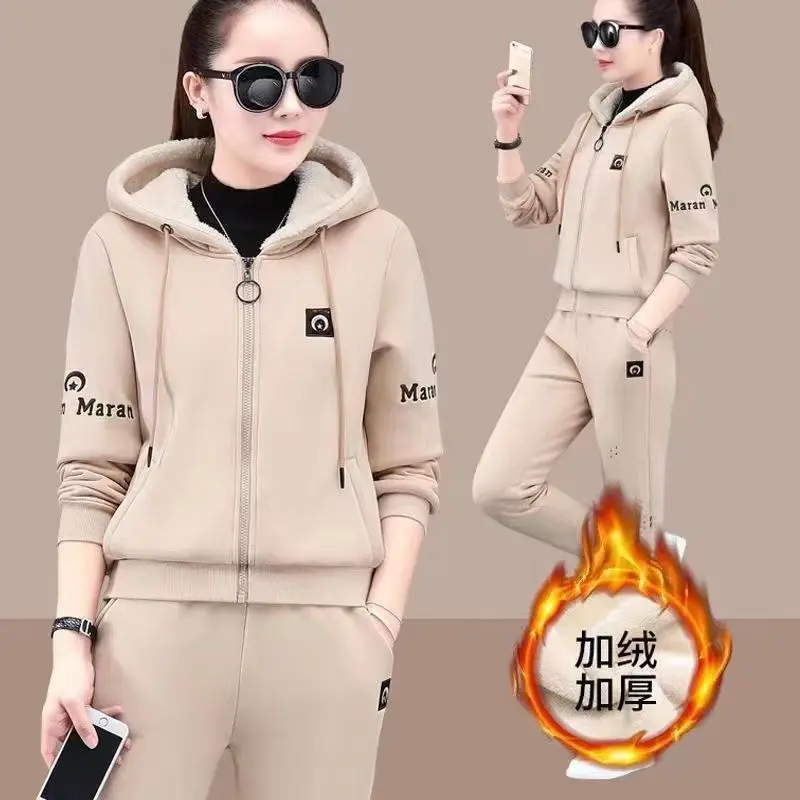 Bộ Đồ Thể Thao Mùa Đông, Dành Cho Phụ Nữ, Lót Lông Cừu, Dày Dặn, Trang Phục Thường Ngày Phong Cách Phương Tây Mới, Áo Len Có Mũ Trùm Đầu, Len Lông Cừu, Bộ Đồ Hai Mảnh Thường Ngày Women Top