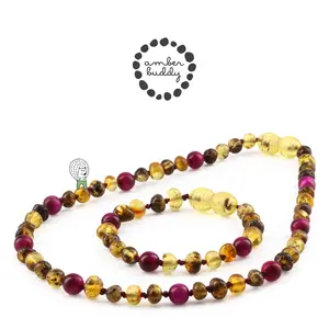 Amber Buddy | LE456 Kalung & Gelang Bayi Baltic Amber kombinasi Magenta Tiger Eye. 32cm & 14cm