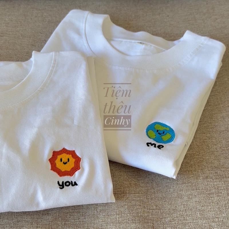 Áo đôi Nam Nữ thêu hình mặt trời và trái đất Thun Cotton 2