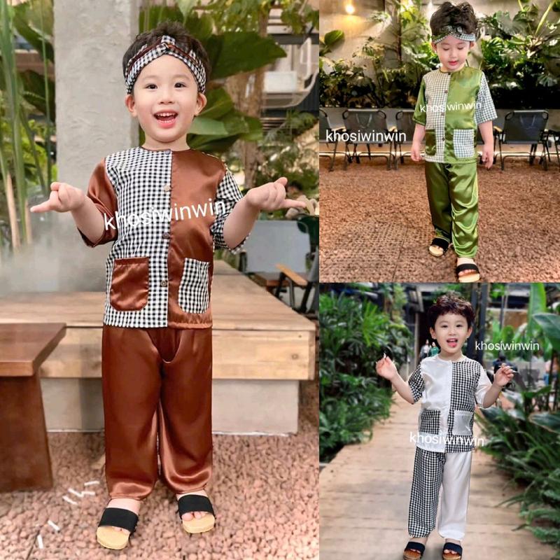 size 7kg-35kg Đồ Bộ Bà Ba Caro Ghép Bé Trai và Bé Gái - Chất Vải Phi Mềm Mát Cho Bé (Không Kèm Khăn)