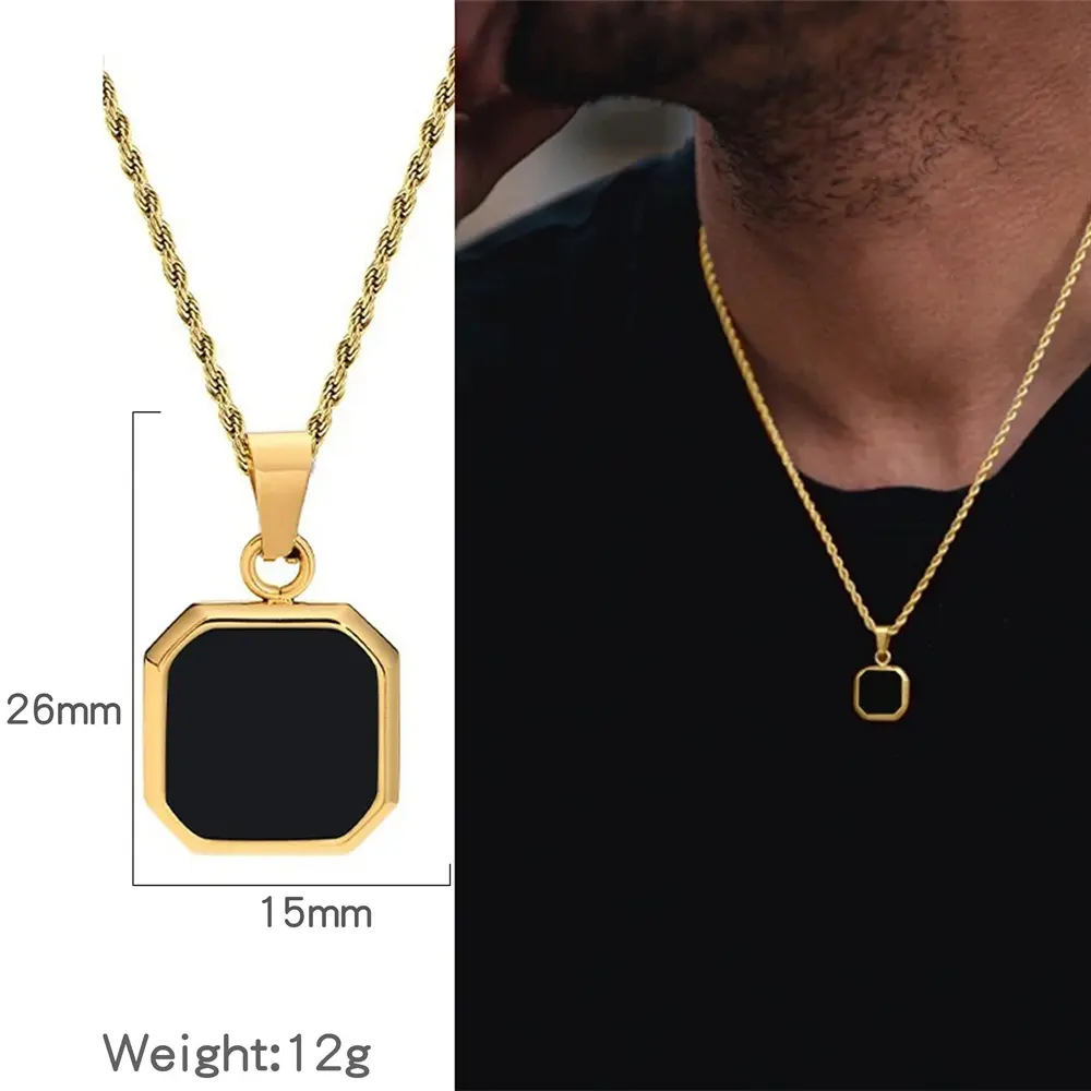 Fashion Cool Trendy Simple Stainless Steel Necklace for Men Creative Black Square Pendant Clavicle Choker Accessories Jewelry Gift