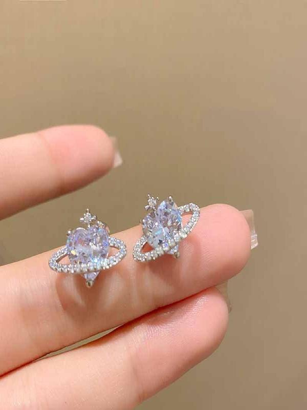 2024 New Style Heart & Planet Design Rhinestone Decor Stud Earrings, Elegant Jewelry for Women, Trendy All-match & Exquisite Jewelry for Birthday Gift 5