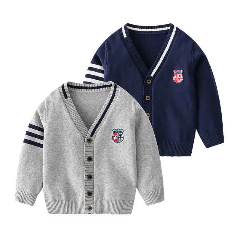 Baju Atasan Cardigan Panjang Kancing Depan Bahan Rajut Fashion Kualitas Anak Cowok Motif Garis-Garis Modish & Stylish Warna Navy Gray Abu-Abu 0