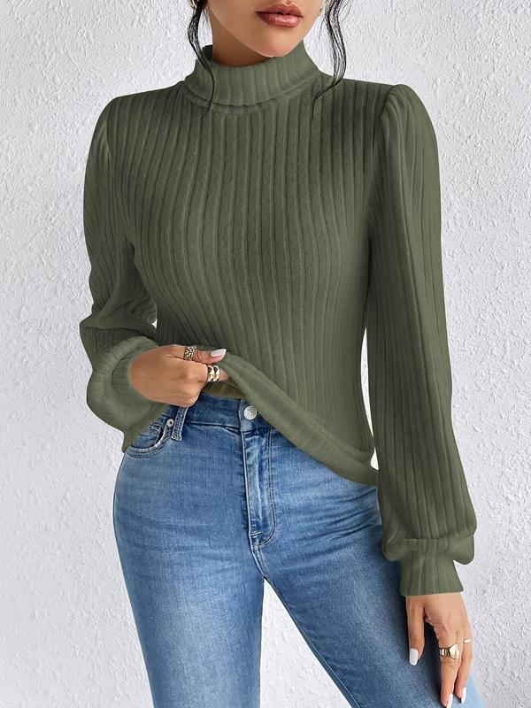Women's Plain Bishop Sleeve High Neck Knit Top, Casual Long Sleeve Ribbed Knitwear for Fall & Winter, Women's Knit Clothing for Daily Wear 2