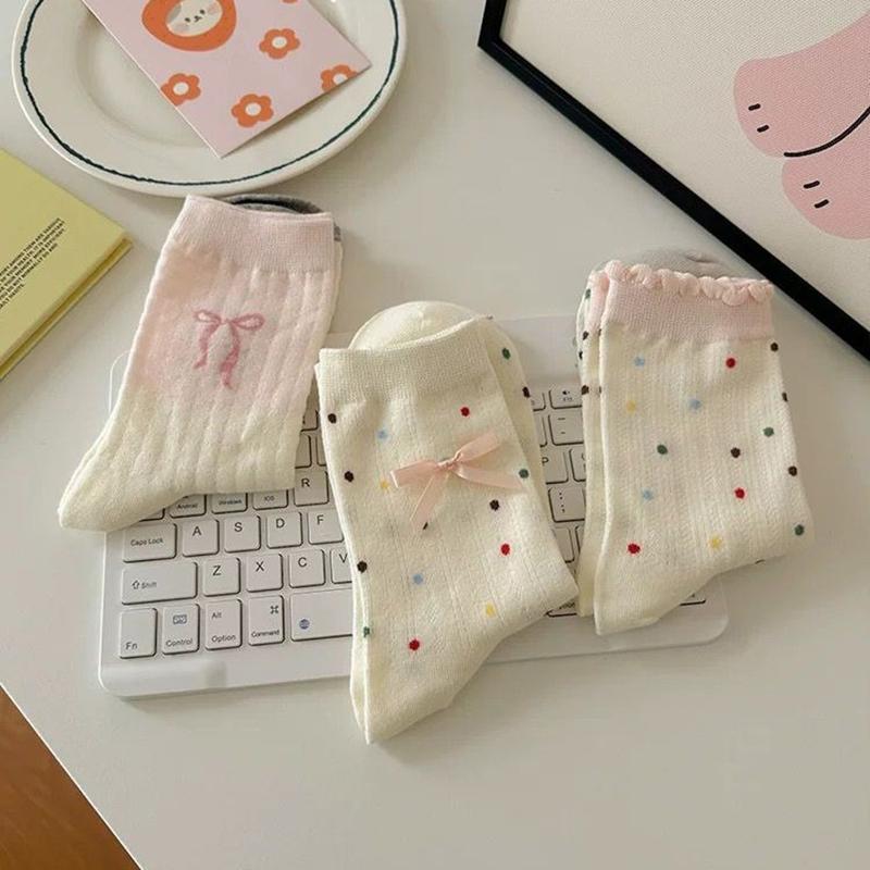Tất Ống Giữa, Thiết Kế Thắt Nơ Ngọt Ngào Dành Cho Phụ Nữ Và Trẻ Em Gái, Tất Nơ Gót, Phong Cách Thường Ngày Màu Đen Và Trắng, Tất Cọc, Làm Bằng Bông 2