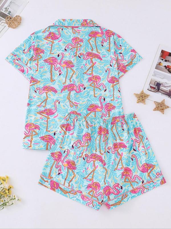Two-piece Set Women's All Over Flamingo Print Short Sleeve  Pajama Set, Casual Comfy Lapel Neck Button Front Top & Elastic Waist Shorts Pj Set, Ladies Sleepwear for All Seasons 5
