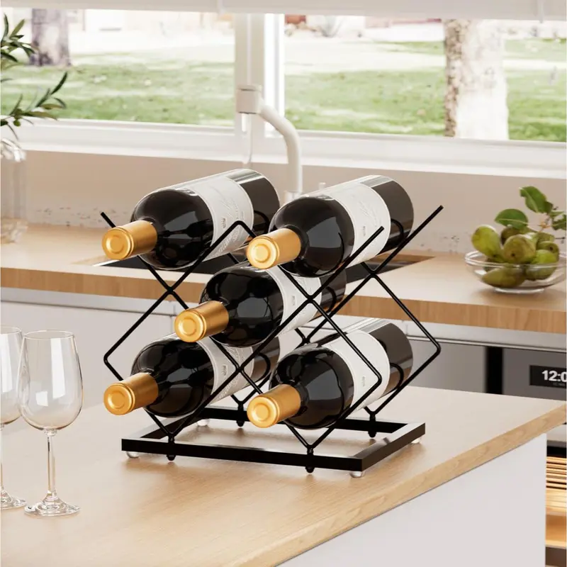 Local shipping-Deco Small Wine Rack 5 Bottle Holder - Modern Metal Wire Wine Storage for Countertop Table Top Coffee Bar Kitchen (Black) 1