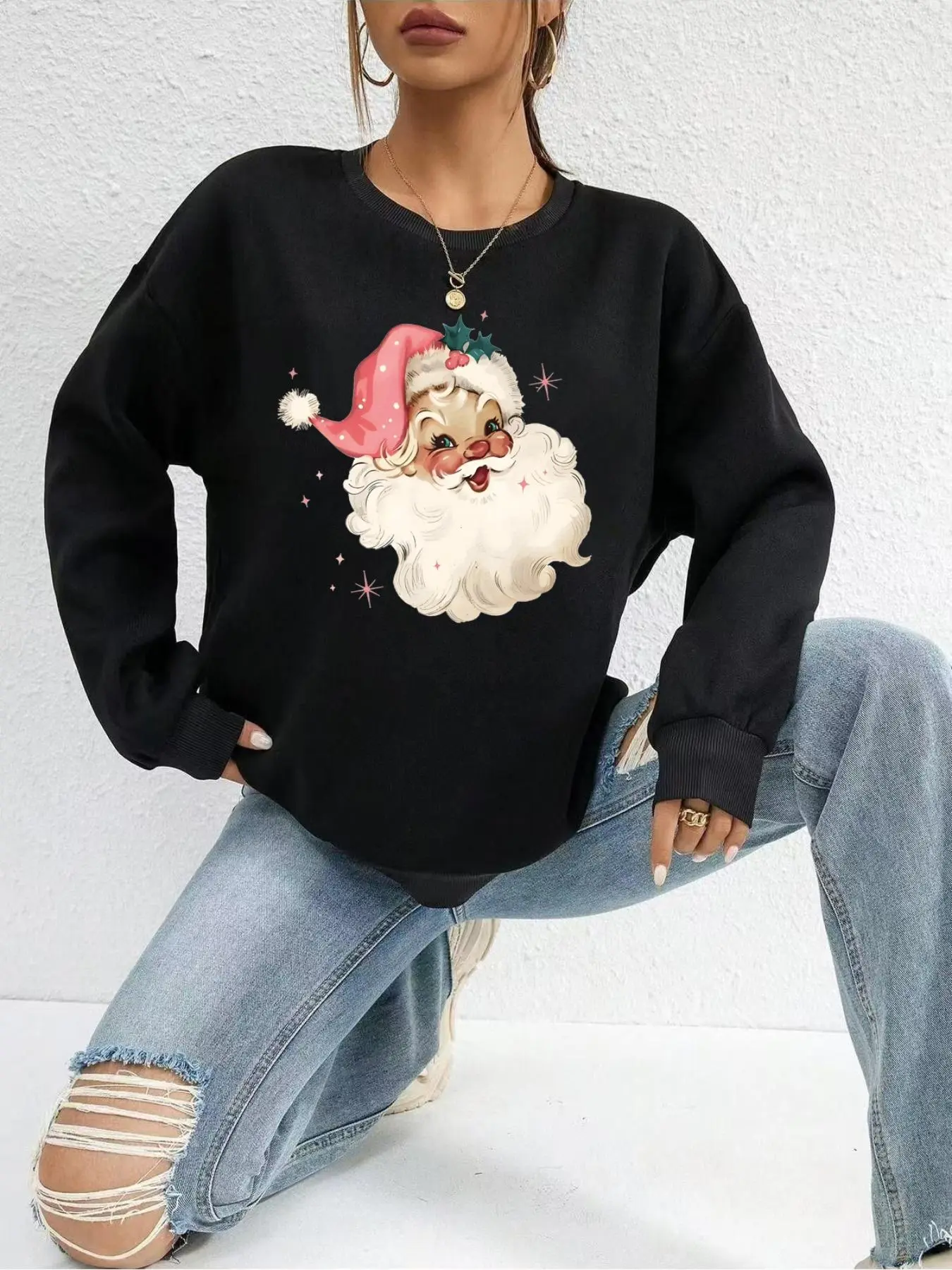 【Plus Size】 Santa Claus Print Drop Shoulder Sweatshirt, Casual Long Sleeve Round Neck Pullover for Daily Wear, Women's Clothing for Fall & Winter