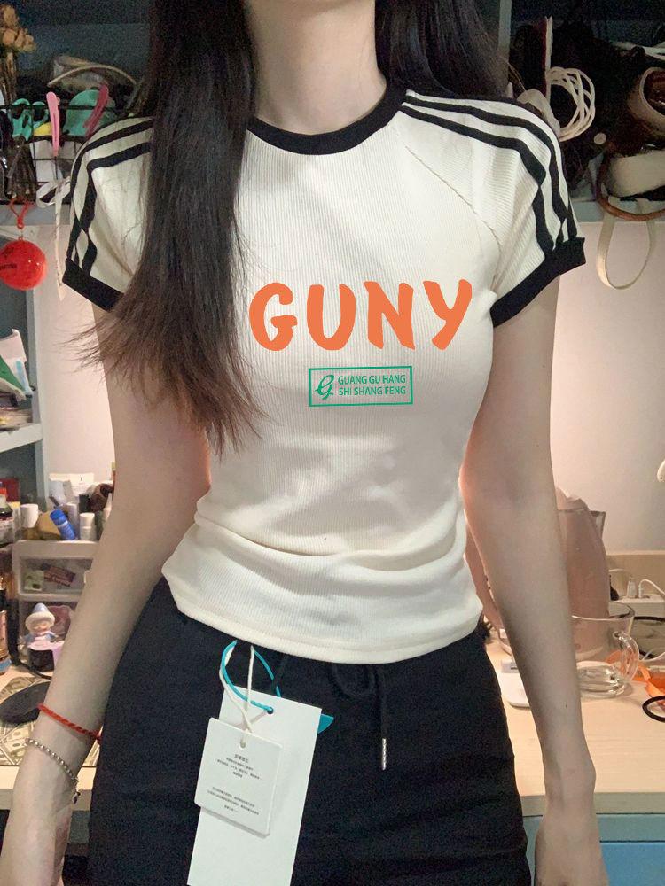 Product Introduction of American Style Short Sleeve T-Shirt for Women, Elegant and Flattering, Summer Regular Shoulder Short Trendy Retro Three-Stripe Top 1