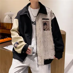 【Pengiriman di hari yang sama】American Retro Splicing Jaket Pria Musim Semi dan Gugur Pasang Merek High Street Kebesaran Bajingan Tampan Kasual Sepeda Motor Perkakascod