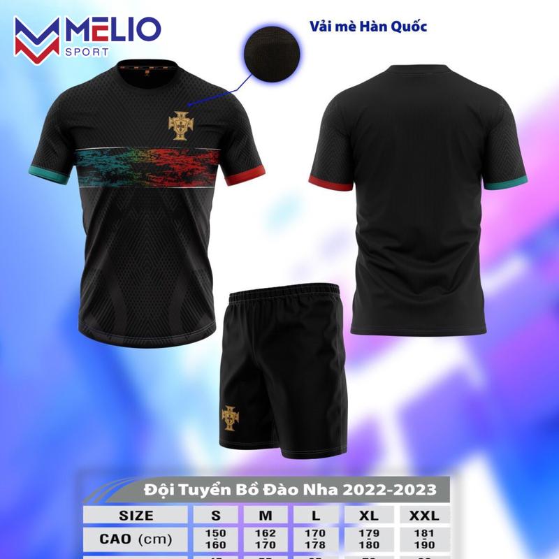 Bộ Quần Áo Bóng Đá, Áo Đá Banh Đội Tuyển Bồ Đào Nha đen 2022 HD, Chất Vải Mè Hàn Quốc Co Giãn Thoải Mái, Thấm Hút Mồ Hôi Tốt