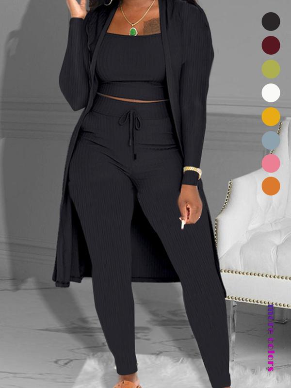 Women's Plain Long Sleeve Open Front Cardigan & Tie Front Leggings & Sleeveless Cropped Top Set, Casual Chic Elegant Fashion Cozy Breathable Women's Lounge Outfits for Fall, Ladies Fall Co-ord Sets, Womenswear 1