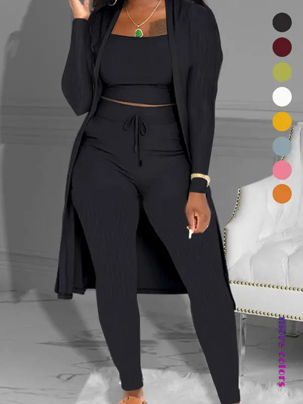 Women's Plain Long Sleeve Open Front Cardigan & Tie Front Leggings & Sleeveless Cropped Top Set, Casual Chic Elegant Fashion Cozy Breathable Women's Lounge Outfits for Fall, Ladies Fall Co-ord Sets, Womenswear, Clothes 0