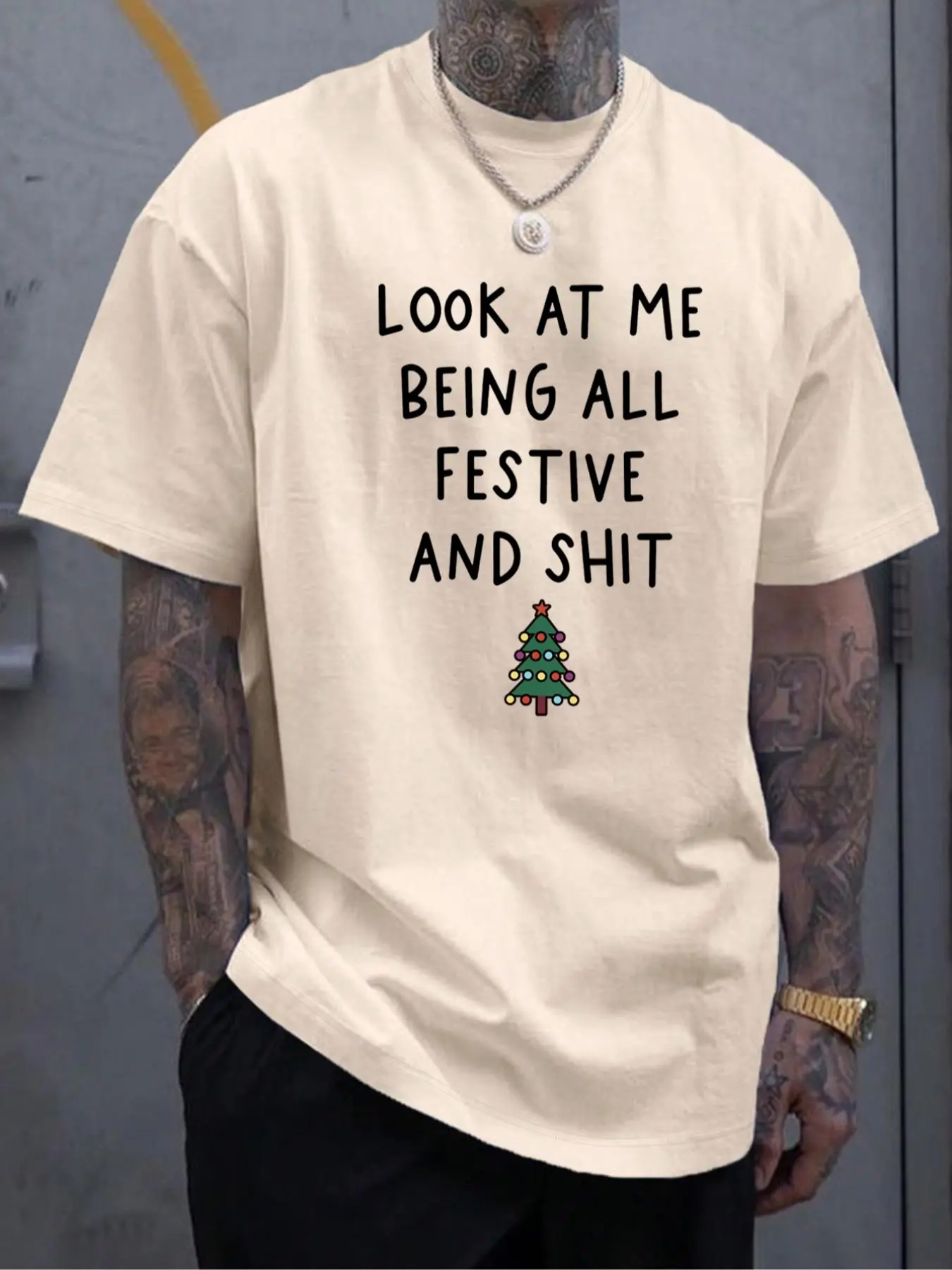 Men's Letter & Christmas Tree Print Drop Shoulder Tee, Regular Fit Casual Street Short Sleeve Round Neck T-Shirt for Summer, Menswear for Daily Wear