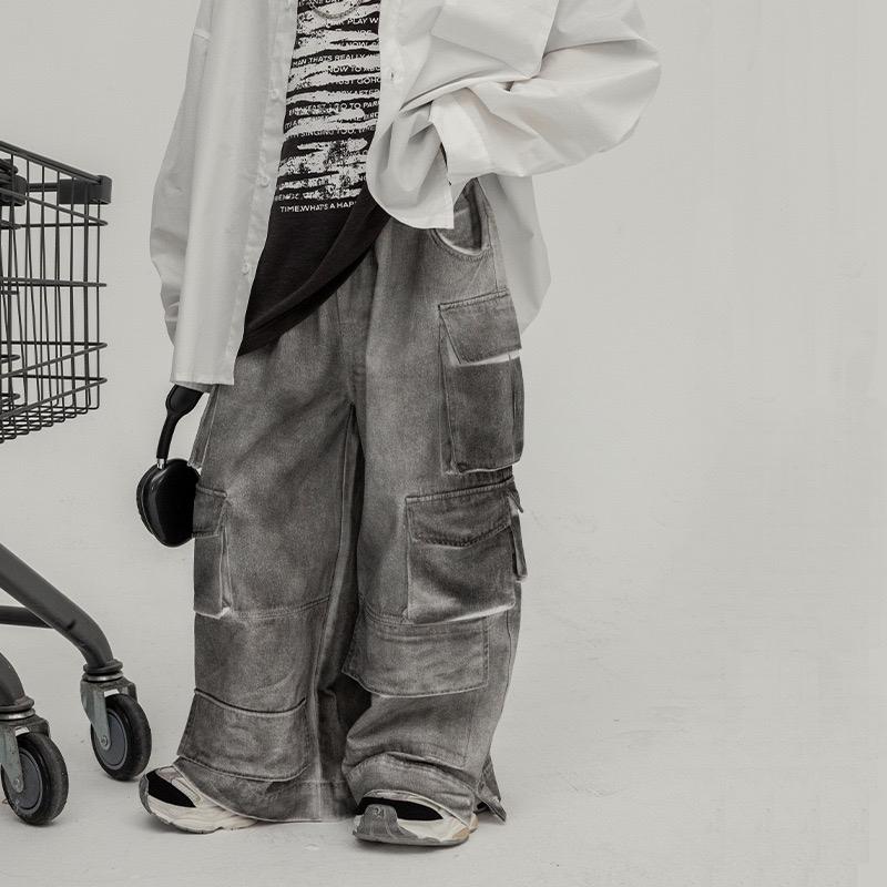 ĐẬU LÊN BAR | QUẦN JEAN XUÔNG ỐNG THỤNG MÀU XÁM PHỐI TRẮNG TÚI HỘP | LYGIE