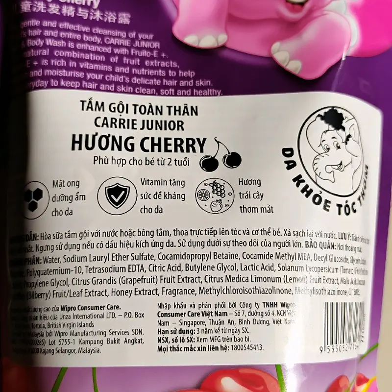 Bộ 2 túi sữa tắm gội (500gr x 2)cho bé từ 2 tuổi Carrie Junior hương Cheeky Cherry (HSD 2027) sữa tắm con voi 5