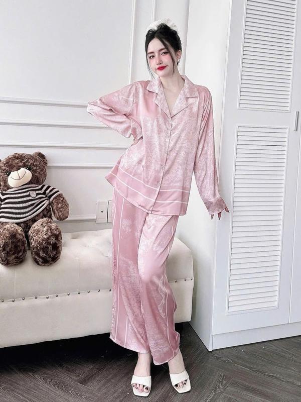 Đồ Bộ Pijama Nữ Lụa Latin Tơ Tằm, Thoáng Mát, Tay Ngắn và Tay Dài Quần Dài In Hoa Văn Cảnh Rừng Màu Hồng Sang Trọng, Bigsize [Size 45-60Kg và 61-75kg]  Women Dài Tay