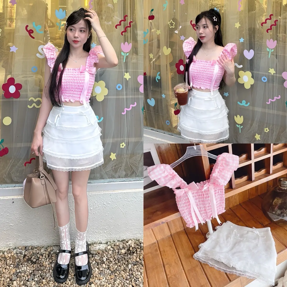 Set áo croptop nơ hồng + chân váy ren tầng Nữ vaytet tiệc
