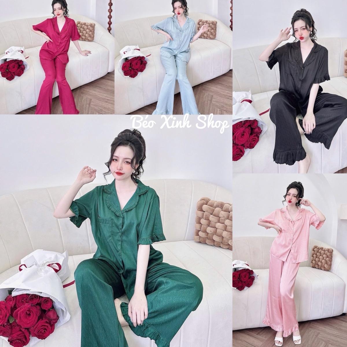 Đồ Bộ - Đồ Ngủ Tay Dài Vải Lụa Gấm Cao Cấp Pijama Bigsize 50-100Kg Bộ Ngủ Nữ Béo Xinh Shop - A.5623