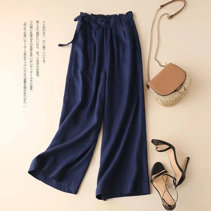 Cotton and linen wide-leg 9/10 Pants with a loose fit for women, High-waisted, Thin and Straight-leg Casual pants, Available in multiple Colors Womenswear Bottom Lingerie Comfort Trouser Basic Minimalist