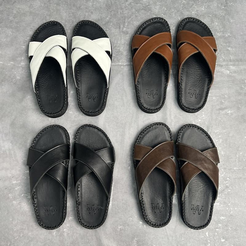 Dép Doctor Nam Quai Chéo Da Bò WOSHOE Dép Nam Xỏ Ngón Đế Cao Su Đúc, Khâu Đế, Mũi tròn Đế Bằng