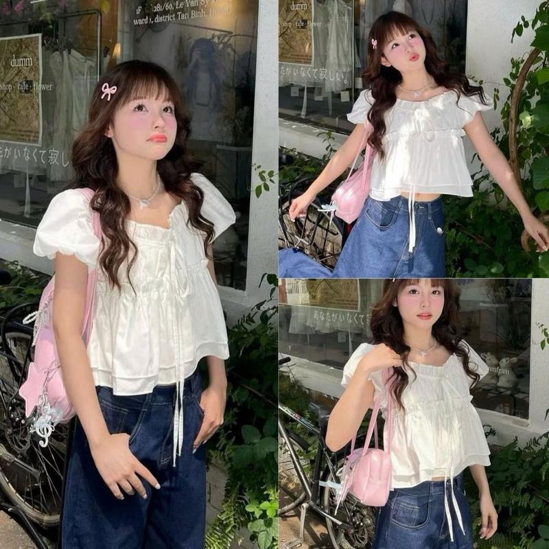  Áo kiểu cổ vuông tay phồng trắng dáng babydoll nữ chất voan bay nhẹ xinh VANISA CT431 